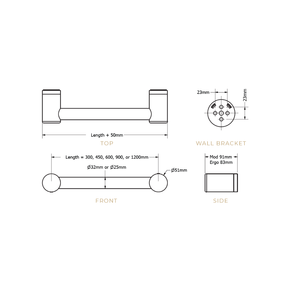 Stocktake Calibre Terra 25mm Grab Rail Small 300mm Polished Stainless Chrome - RE130C