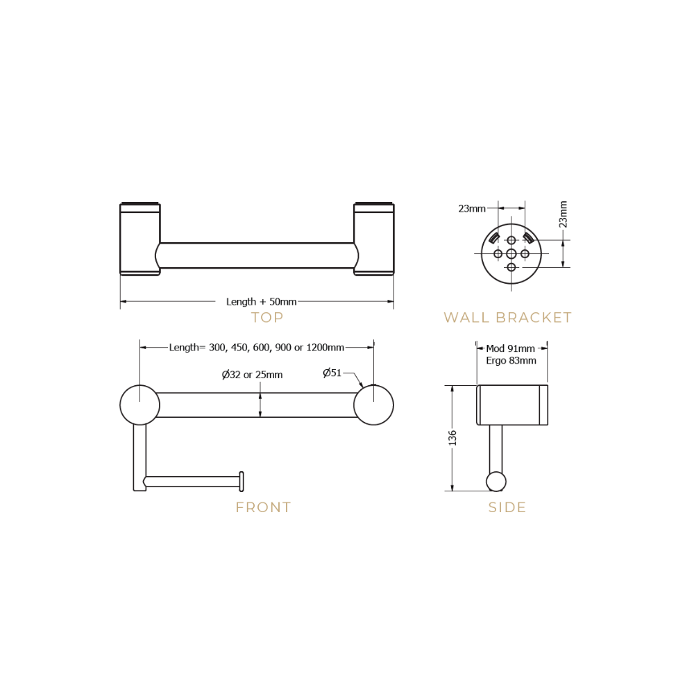 Stocktake Calibre Terra 32mm Grab Rail with Toilet Roll Holder 450 Polished Stainless Chrome - R01H40C