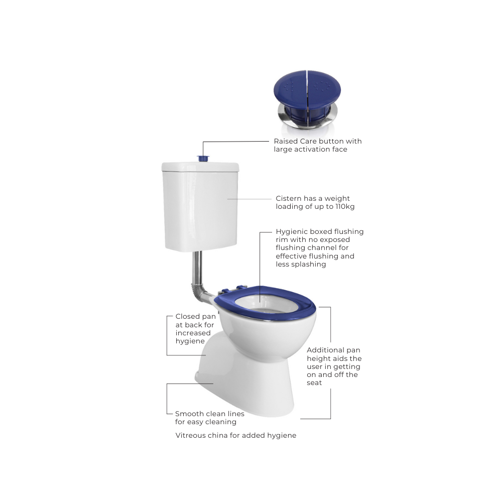 Toilet Suite 800mm Pan AS1428.1 DDA Accessible Raised Button Blue Seat and Button - HDC615-HG-583-WBB