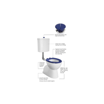 Toilet Suite 800mm Pan AS1428.1 DDA Raised Button Blue Seat and Button - HDC615-HG-583-WBB