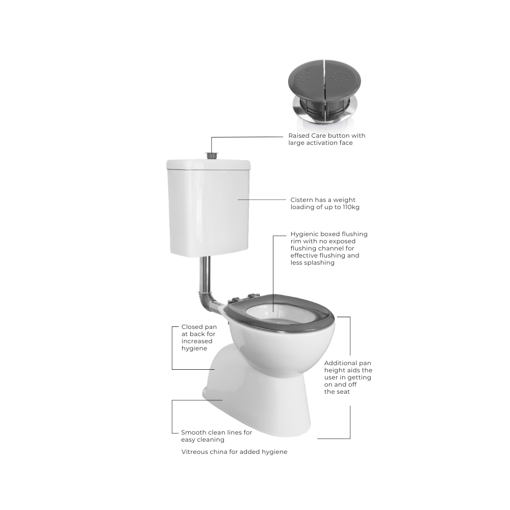 Toilet Suite 800mm Pan AS1428.1 DDA Accessible Raised Button Grey Seat and Button - HDC615-HG-583-WGG