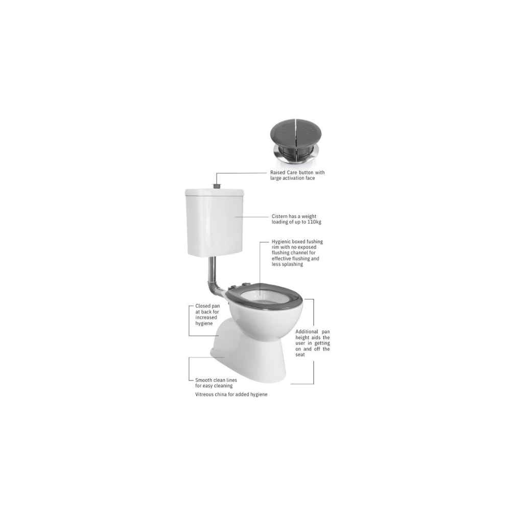 Toilet Suite 800mm Pan AS1428.1 DDA Raised Button Grey Seat and Button - HDC615-HG-583-WGG