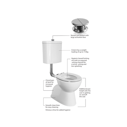 Toilet Suite 800mm Pan AS1428.1 DDA Accessible Raised Chrome Button and White Seat - HDC615-HG-583-WWC