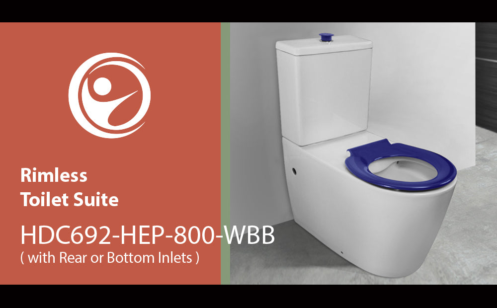 Toilet Suite 800mm Pan AS1428.1 DDA With Raised Blue Button and Seat - Bottom Inlet - HDC692-HEP-800-WBB-B/I