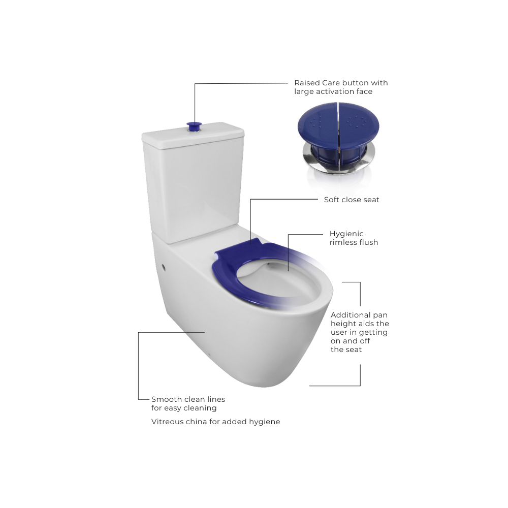 Toilet Suite 800mm Pan AS1428.1 DDA Accessible With Raised Blue Button and Seat - Rear Inlet - HDC692-HEP-800-WBB-R/I