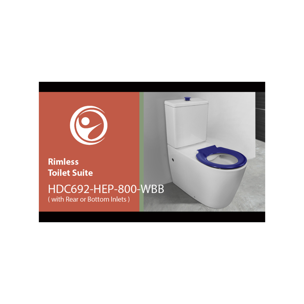 Toilet Suite 800mm Pan AS1428.1 DDA Accessible With Raised Blue Button and Seat - Rear Inlet - HDC692-HEP-800-WBB-R/I