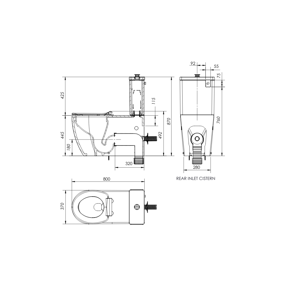 Toilet Suite 800mm Pan AS1428.1 DDA Accessible With Raised Blue Button and Seat - Rear Inlet - HDC692-HEP-800-WBB-R/I