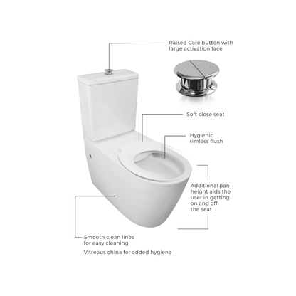 Toilet Suite 800mm Pan AS1428.1 DDA Accessible With Raised Chrome Button and White Seat - Rear Inlet - HDC692-HEP-800-WWC-R/I