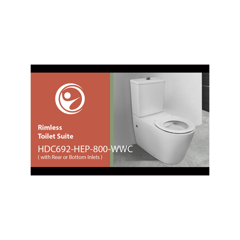 Toilet Suite 800mm Pan AS1428.1 DDA Accessible With Raised Chrome Button and White Seat - Rear Inlet - HDC692-HEP-800-WWC-R/I