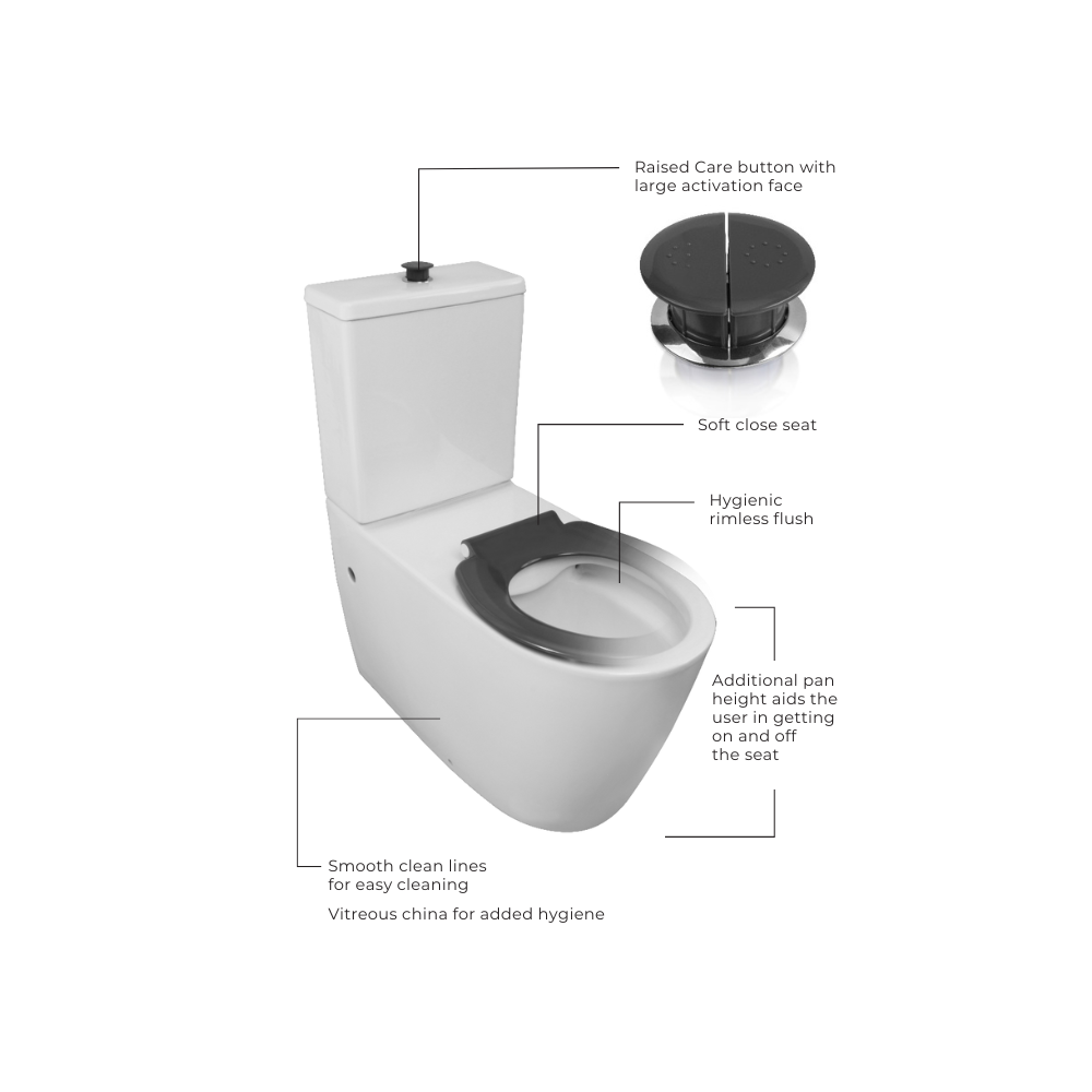 Toilet Suite 800mm Pan AS1428.1 DDA Accessible With Raised Grey Button and Seat - Rear Inlet - HDC692-HEP-800-WGG-R/I