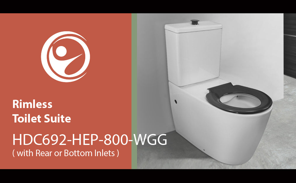 Toilet Suite 800mm Pan AS1428.1 DDA With Raised Grey Button and Seat - Rear Inlet - HDC692-HEP-800-WGG-R/I