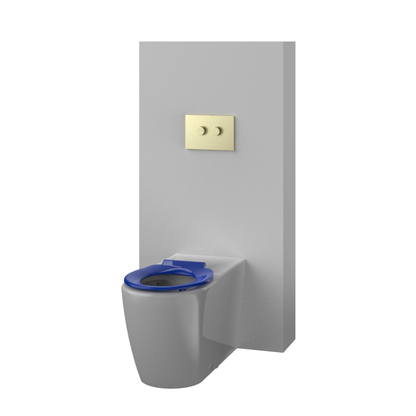Toilet Suite DDA 800mm Care Raised Height Floor Pan, In Wall Cistern Height Blue Seat, Flush Button Panel Brushed Brass Gold