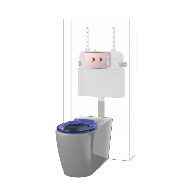 Toilet Suite DDA 800mm Care Raised Height Floor Pan, In Wall Cistern Height Blue Seat, Flush Button Panel Brushed Bronze