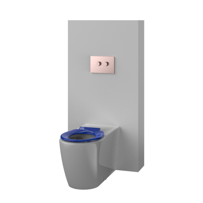 Toilet Suite DDA 800mm Care Raised Height Floor Pan, In Wall Cistern Height Blue Seat, Flush Button Panel Brushed Bronze