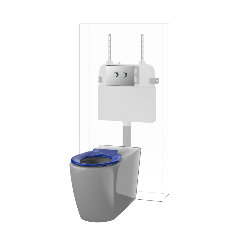 Toilet Suite DDA 800mm Care Raised Height Floor Pan, In Wall Cistern Height Blue Seat, Flush Button Panel Chrome