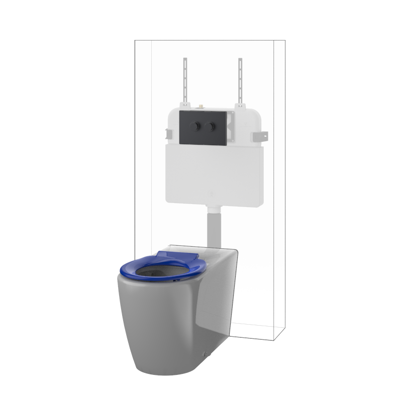 Toilet Suite DDA 800mm Care Raised Height Floor Pan, In Wall Cistern Height Blue Seat, Flush Button Panel Gun Metal