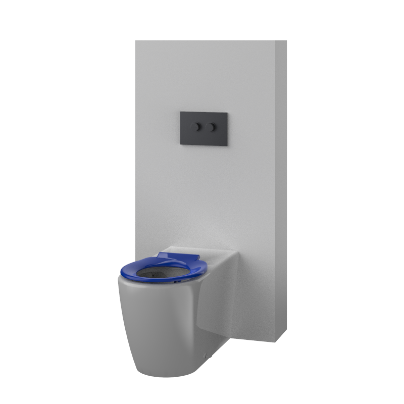 Toilet Suite DDA 800mm Care Raised Height Floor Pan, In Wall Cistern Height Blue Seat, Flush Button Panel Gun Metal