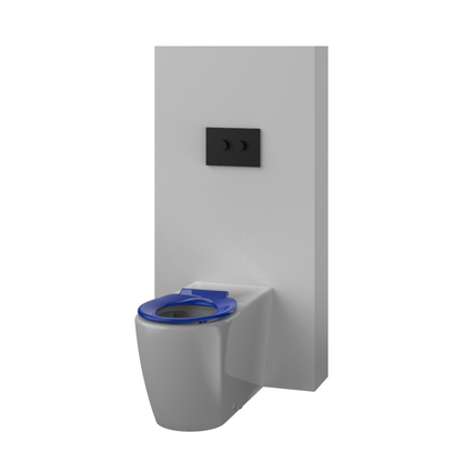 Toilet Suite DDA 800mm Care Raised Height Floor Pan, In Wall Cistern Height Blue Seat, Flush Button Panel Matte Black