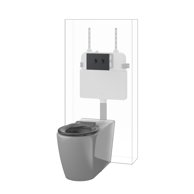 Toilet Suite DDA 800mm Care Raised Height Floor Pan, In Wall Cistern Height Grey Seat, Flush Button Panel Gun Metal