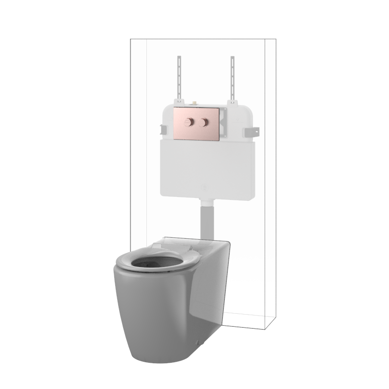 Toilet Suite DDA 800mm Care Raised Height Floor Pan, In Wall Cistern Height White Seat, Flush Button Panel Brushed Bronze