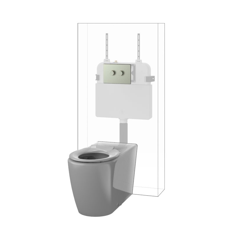 Toilet Suite DDA 800mm Care Raised Height Floor Pan, In Wall Cistern Height White Seat, Flush Button Panel Brushed Nickel