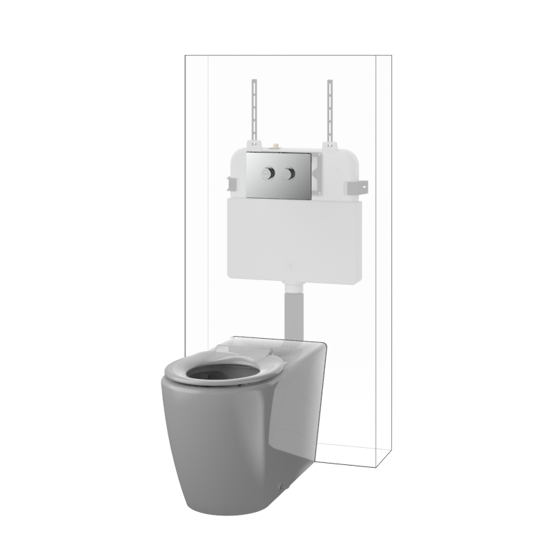 Toilet Suite DDA 800mm Care Raised Height Floor Pan, In Wall Cistern Height White Seat, Flush Button Panel Chrome