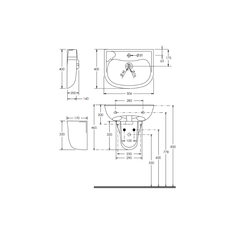 Washbasin 500mm Wall Mount Ceramic - White - ECE3039W