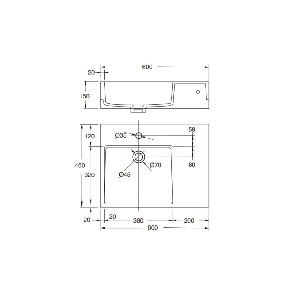 Washbasin 600mm Solid Surface Resin Shelf Left - PJ-6001LW