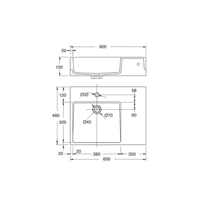 Washbasin 600mm Solid Surface Resin Shelf Left - PJ-6001LW