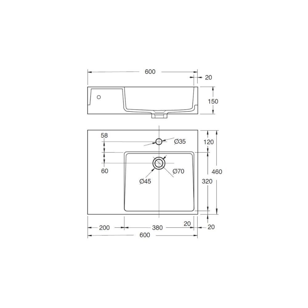 Washbasin 600mm Solid Surface Resin Shelf Right - PJ-6001RW