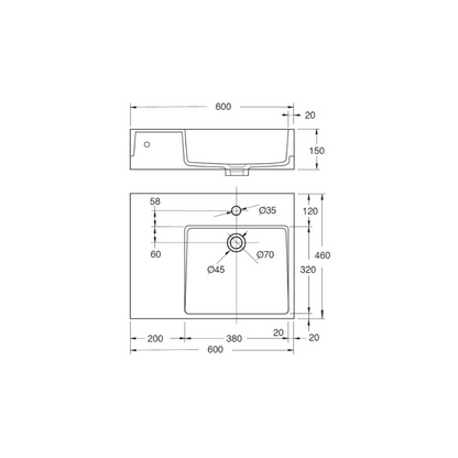 Washbasin 600mm Solid Surface Resin Shelf Right - PJ-6001RW