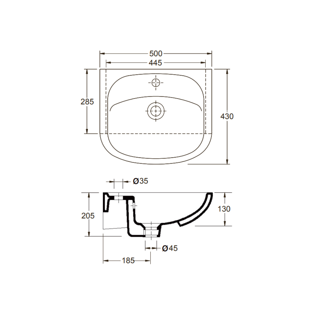 Washbasin Care 500mm Roma Semi-Recessed Ceramic - LG-704