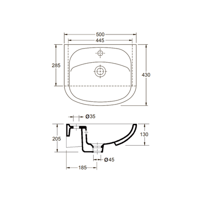 Washbasin Care 500mm Roma Semi-Recessed Ceramic - LG-704