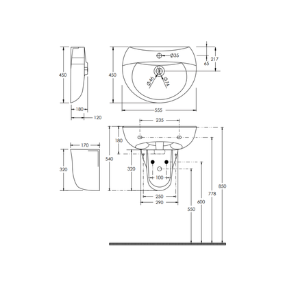 Washbasin DDA AS1428.1 Accessible 555mm Wall Mount SDA Ceramic White - HDL11B