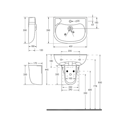Washbasin DDA AS1428.1 Accessible 450mm Wall Mount Ceramic White - ECE3019W