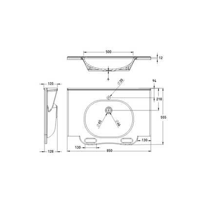 Washbasin DDA AS1428.1 Accessible Solid Surface Resin with Front Handles 850mm Gloss White - WBM-850-1W