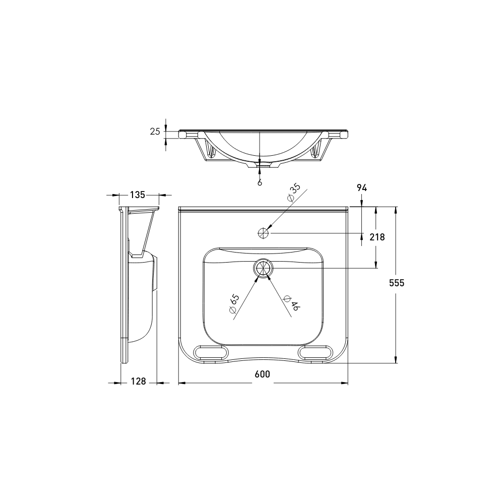 Washbasin DDA AS1428.1 Accessible Solid Surface Resin With Front Handles 600mm Gloss White - WBM-602-ECO-1W