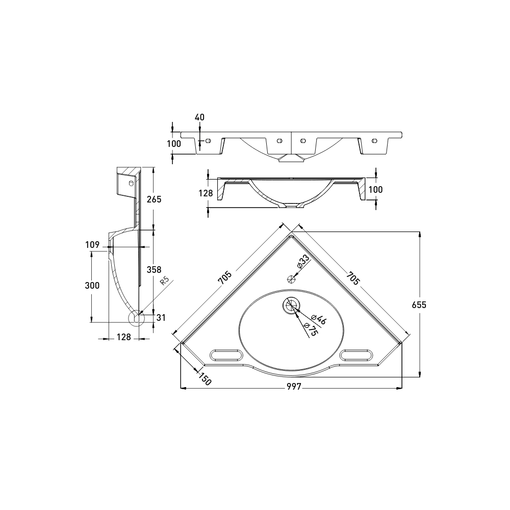 Washbasin DDA AS1428.1 Accessible Solid Surface Resin with Front Handles 997mm Gloss White - WBM-EW-CORNERW
