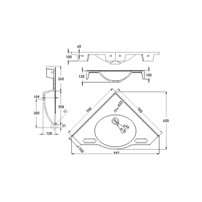 Washbasin DDA AS1428.1 Accessible Solid Surface Resin with Front Handles 997mm Gloss White - WBM-EW-CORNERW