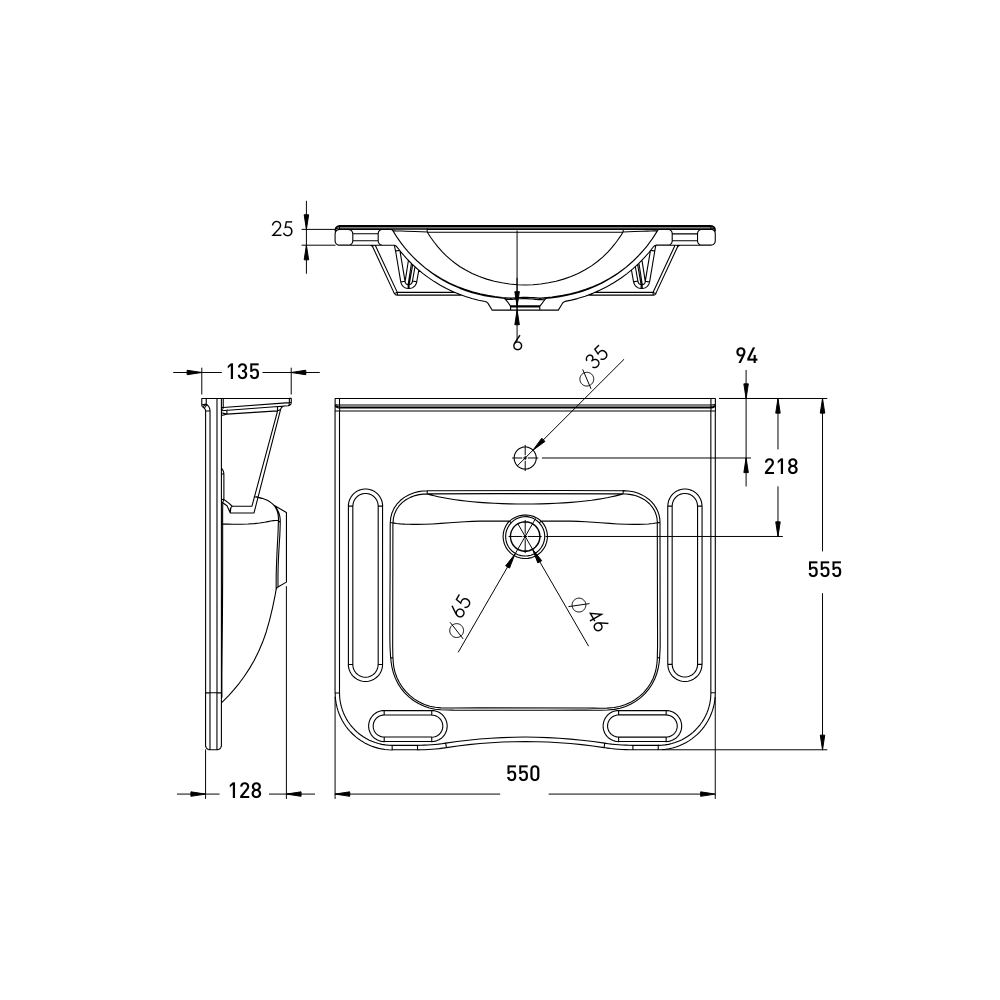 Washbasin DDA AS1428.1 Accessible Solid Surface Resin With Side and Front Handles 550mm Gloss White - WBM-602-550-1W