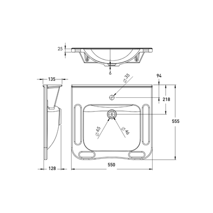 Washbasin DDA AS1428.1 Accessible Solid Surface Resin With Side and Front Handles 550mm Gloss White - WBM-602-550-1W