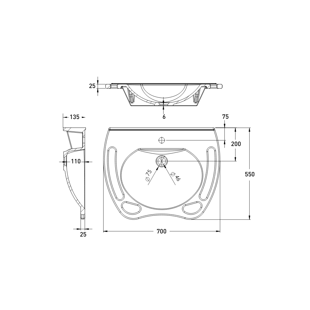 Washbasin DDA AS1428.1 Accessible Solid Surface Resin With Side and Front Handles 700mm Gloss White - WBM-700-1W