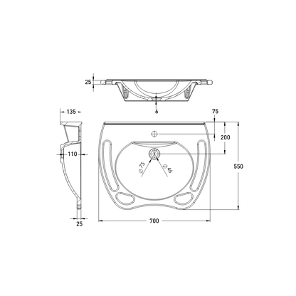 Washbasin DDA AS1428.1 Accessible Solid Surface Resin With Side and Front Handles 700mm Gloss White - WBM-700-1W