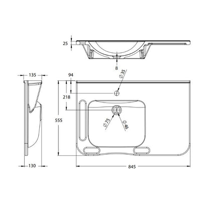 Washbasin Left Hand Solid Surface Resin 845mm Gloss White - WBM-802-L-1W