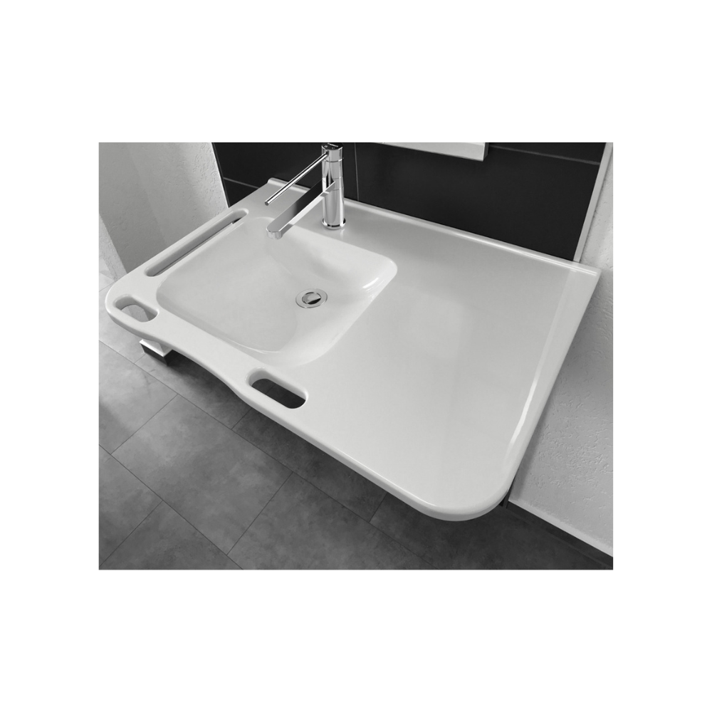 Washbasin Sink DDA AS1428.1 Accessible Modern Wall Hung Left Hand Bowl with Side and Front Handles 845mm Gloss White - WBM-802-L-1W