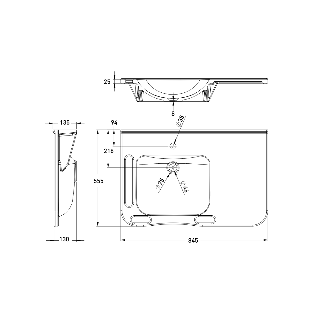 Washbasin Sink DDA AS1428.1 Accessible Modern Wall Hung Left Hand Bowl with Side and Front Handles 845mm Gloss White - WBM-802-L-1W