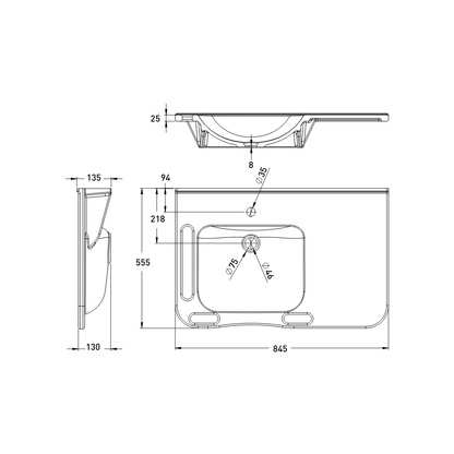 Washbasin Sink DDA AS1428.1 Accessible Modern Wall Hung Left Hand Bowl with Side and Front Handles 845mm Gloss White - WBM-802-L-1W