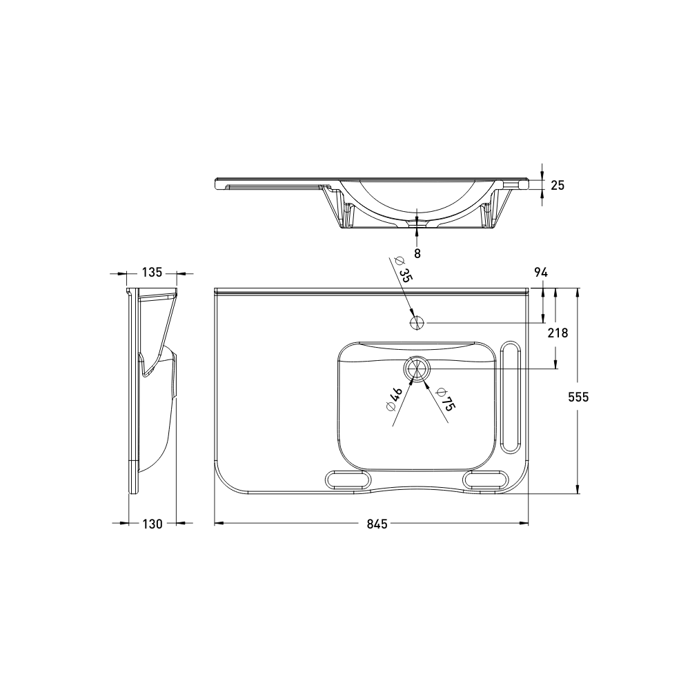 Washbasin Sink DDA AS1428.1 Accessible Modern Wall Hung Right Hand Bowl with Side and Front Handles 845mm Gloss White - WBM-802-R-1W