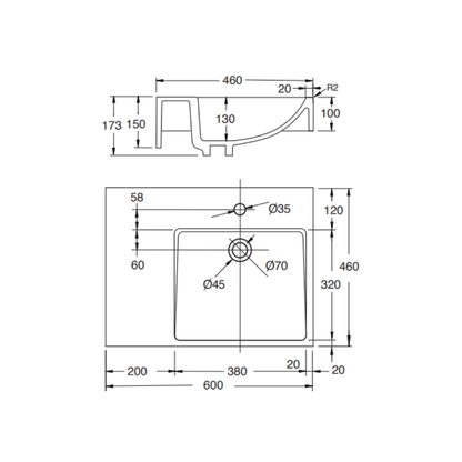 Washbasin Sink DDA AS1428.1 Modern Wall Hung with Right Hand Shelf - PJ-6001RW