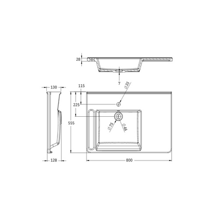 Washbasin Solid Surface Resin 800mm White Left Hand - WBM-803-L-1W